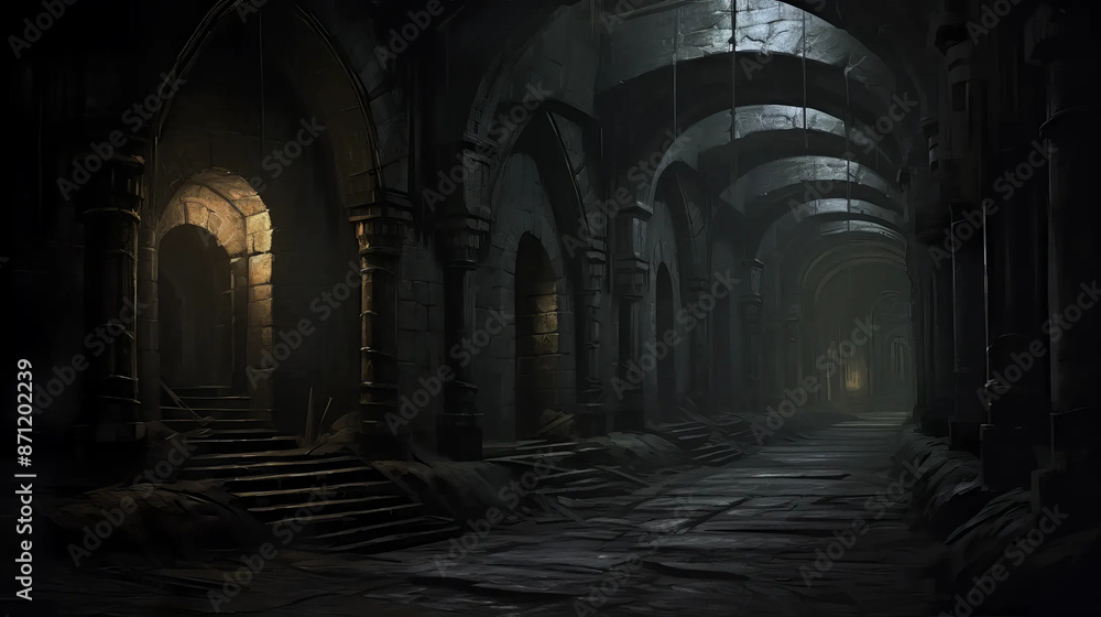 Dungeon corridor shrouded in mystery and shadows. Fantasy wallpaper Dungeon corridor shrouded in mystery and shadows. Fantasy wallpaper