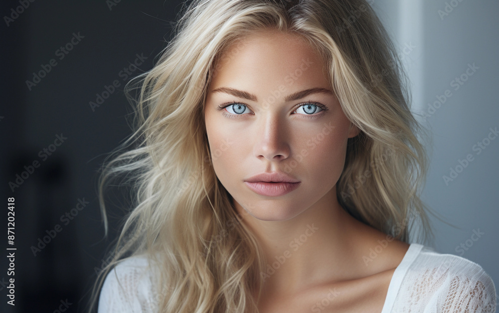 A close-up portrait of a beautiful Scandinavian woman with long, blonde hair and striking blue eyes A close-up portrait of a beautiful Scandinavian woman with long, blonde hair and striking blue eyes