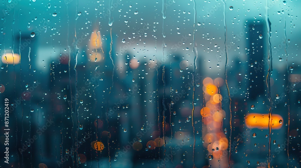 Raindrops on a windowpane with a blurred city skyline Raindrops on a windowpane with a blurred city skyline