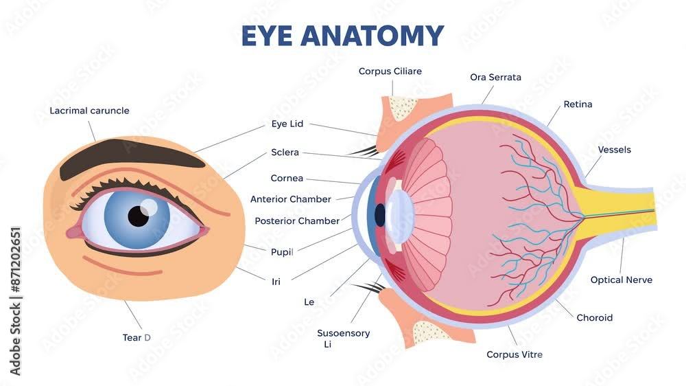 Eye anatomy concept. Moving banner with structure of human eye. Medical infographics and educational materials. Anatomy and biology. Retina and canal, nerve. Flat animated graphics