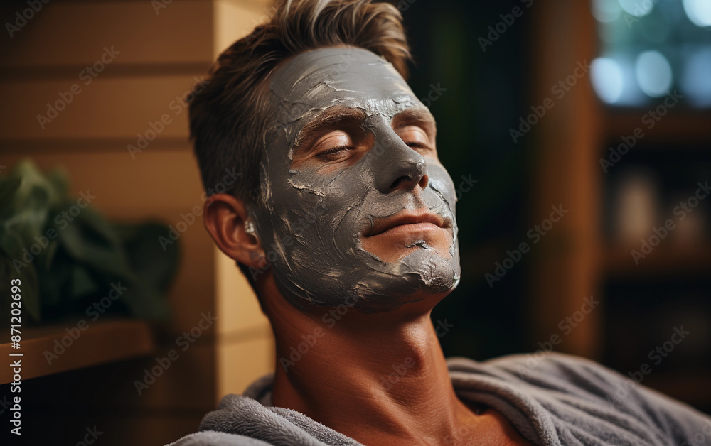 A man with a gray facial mask on his face relaxes in a spa setting. He has his eyes closed and is wearing a gray robe A man with a gray facial mask on his face relaxes in a spa setting. He has his eyes closed and is wearing a gray robe