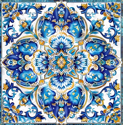 Wallpaper Mural Tiled background with oriental ornaments. Blue Islamic tile wallpaper or mural background. High quality AI generated image Torontodigital.ca