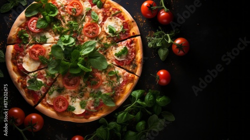Pizza mozzarella tomatoes and basil leaf with dark background