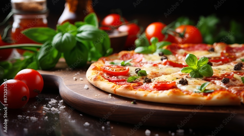 Pizza mozzarella tomatoes and basil leaf with dark background Pizza mozzarella tomatoes and basil leaf with dark background