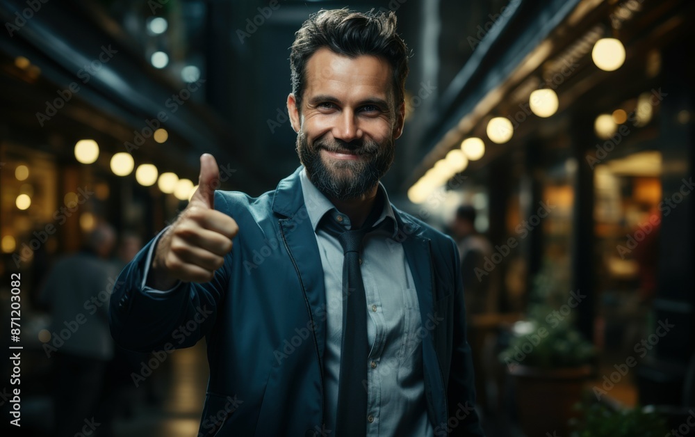 A man in a suit stands in an urban setting at night, giving a thumbs up with a smile A man in a suit stands in an urban setting at night, giving a thumbs up with a smile