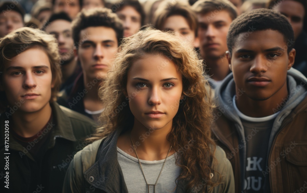 A group of diverse college students stand together, looking directly at the camera A group of diverse college students stand together, looking directly at the camera
