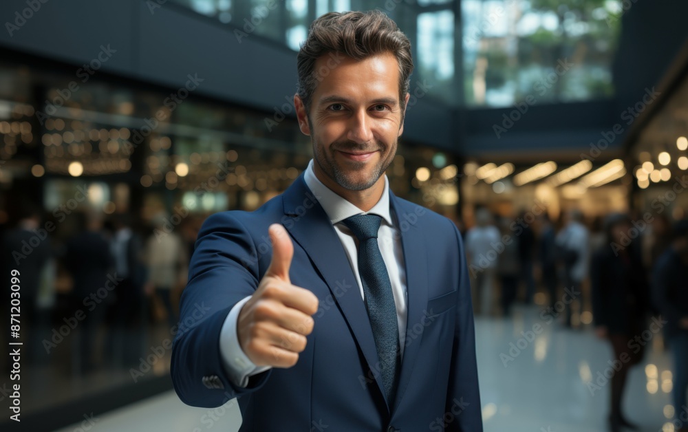A businessman in a blue suit and tie stands in a modern office building with a thumbs up, smiling A businessman in a blue suit and tie stands in a modern office building with a thumbs up, smiling
