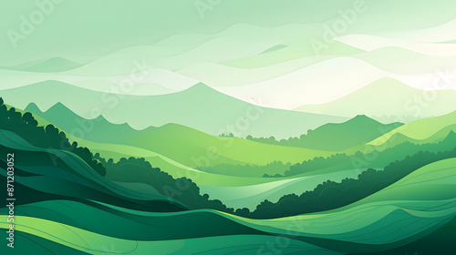 Green landscape wallpaper featuring abstract hills and mountain designs. © practice 