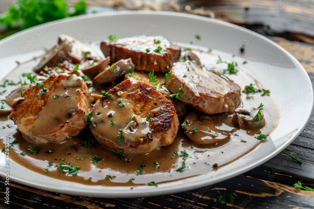 Menu healthy homemade pork with mushrooms on wooden table Menu healthy homemade pork with mushrooms on wooden table