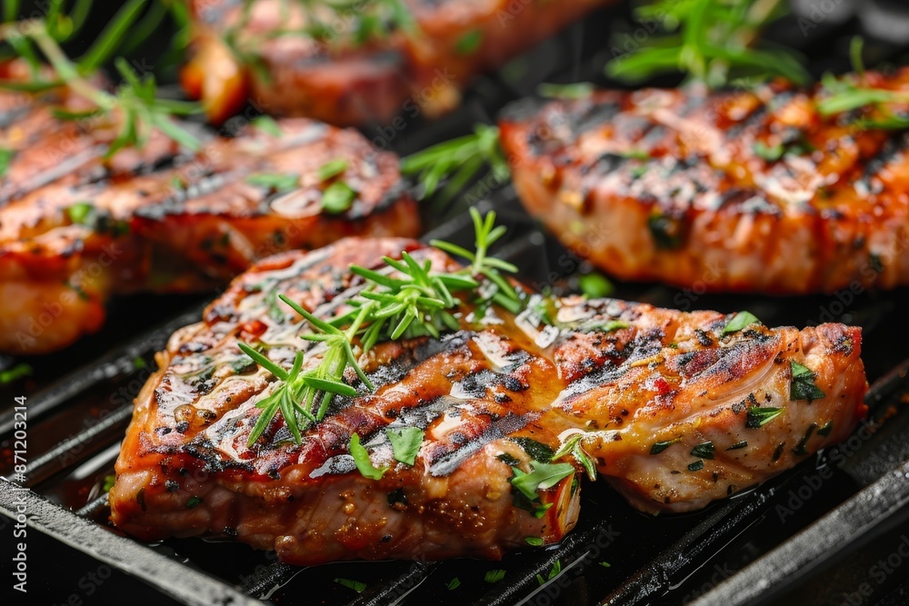 Menu featuring grilled pork steaks and neck seasoned with herbs and spices perfect for cooking at home or following a diet recipe Menu featuring grilled pork steaks and neck seasoned with herbs and spices perfect for cooking at home or following a diet recipe