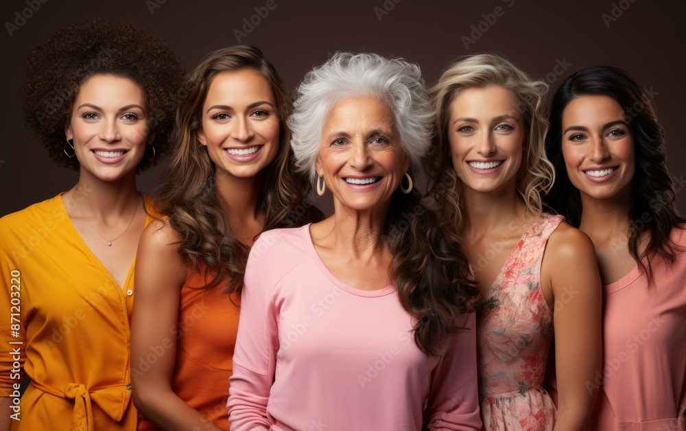 A studio portrait of five women, each with a different hair color and style, all smiling and looking at the camera A studio portrait of five women, each with a different hair color and style, all smiling and looking at the camera