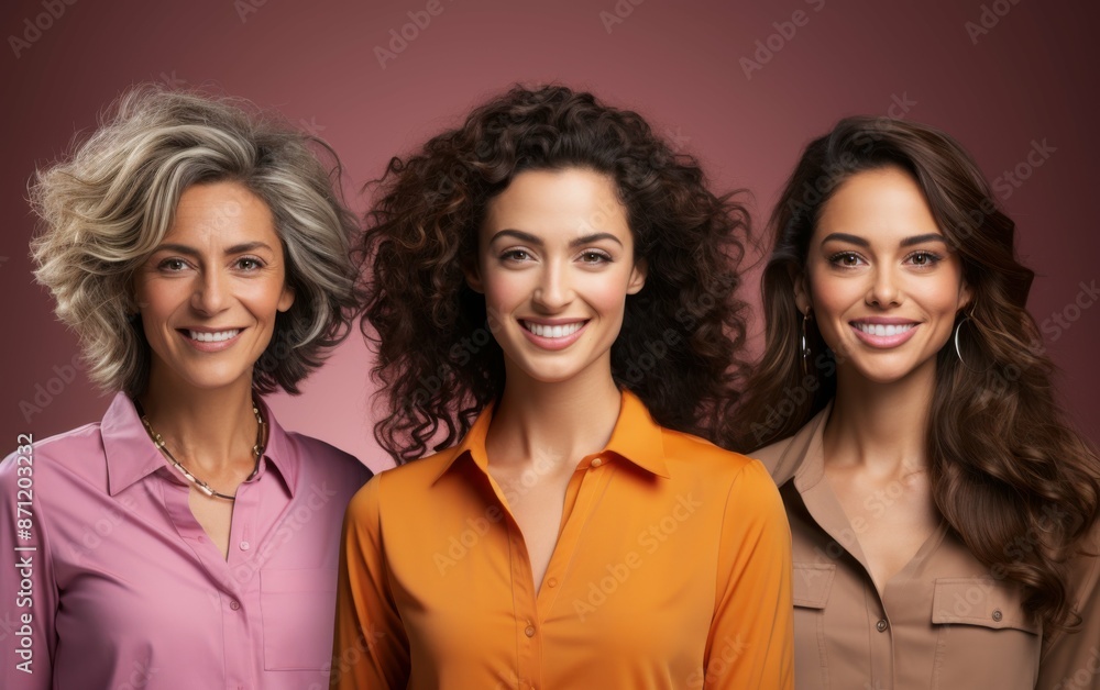 A composite portrait featuring headshots of three women with different hair colors, smiling and looking at the camera. They are standing in front of a soft pink background A composite portrait featuring headshots of three women with different hair colors, smiling and looking at the camera. They are standing in front of a soft pink background