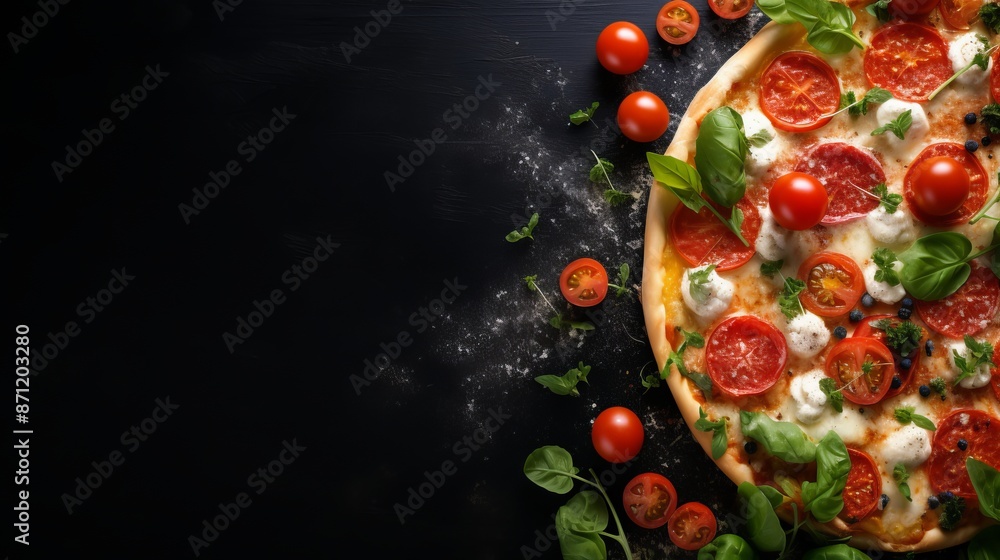 Pizza mozzarella tomatoes and basil leaf with dark background Pizza mozzarella tomatoes and basil leaf with dark background