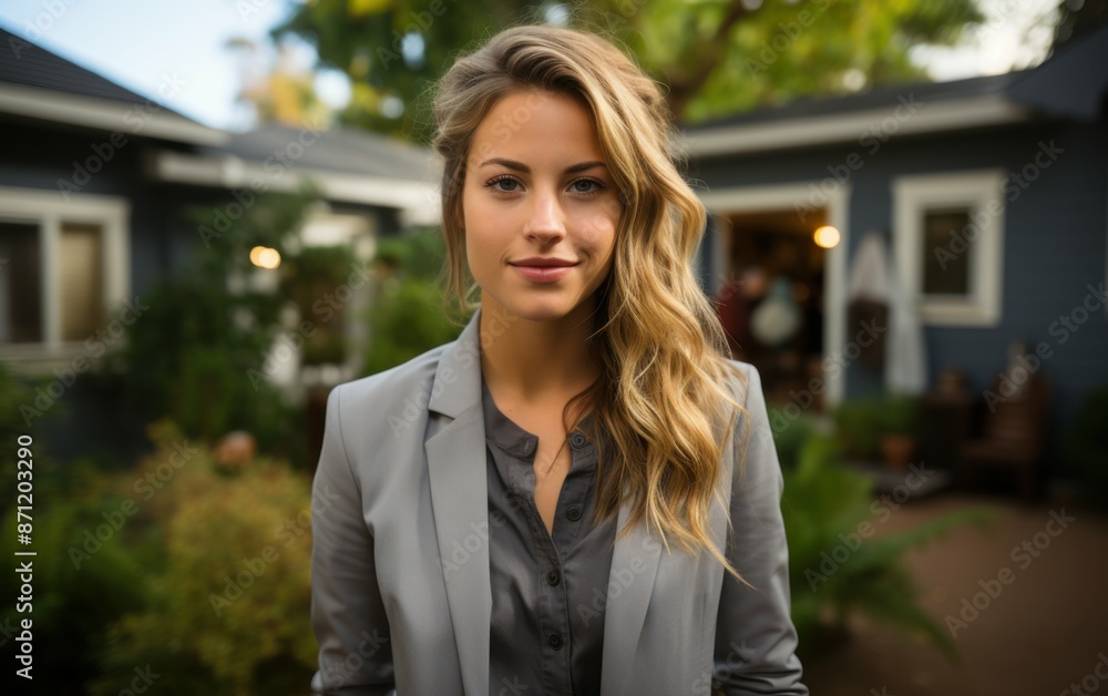 A confident American woman real estate agent stands outside a home in a suburban neighborhood A confident American woman real estate agent stands outside a home in a suburban neighborhood