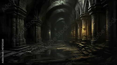 Dungeon corridor illuminated by mysterious glowing symbols Fantasy wallpaper