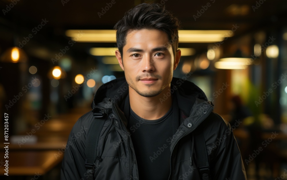A handsome Asian man in a black jacket smiles confidently in a dimly lit bar. The background is blurred, highlighting the mans features A handsome Asian man in a black jacket smiles confidently in a dimly lit bar. The background is blurred, highlighting the mans features