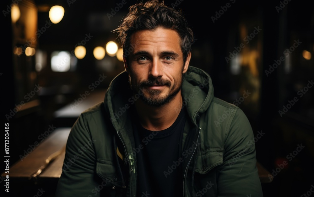 A handsome man with a beard smiles confidently while wearing a green jacket. He is in a dimly lit location with blurred lights in the background A handsome man with a beard smiles confidently while wearing a green jacket. He is in a dimly lit location with blurred lights in the background