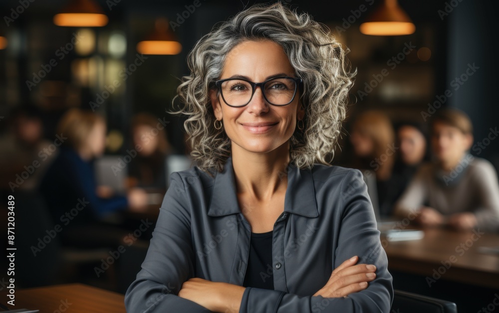 A confident businesswoman smiles for the camera while holding a cup of tea at a meeting in the office A confident businesswoman smiles for the camera while holding a cup of tea at a meeting in the office