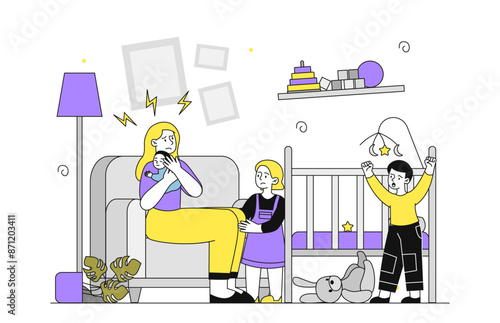 Mother with naughty kids. Woman tries to calm her baby. Son and daughter screaming. Bad discipline in family. Anger and upset mom. Linear flat vector illustration