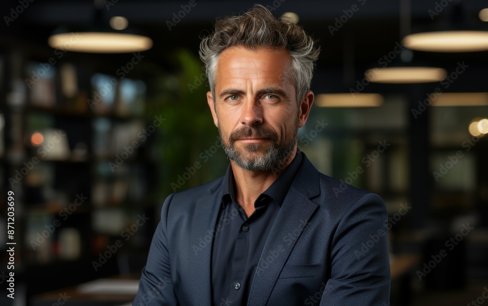A portrait of a confident middle-aged businessman with a beard and graying hair, smiling in a modern office setting. He is wearing a dark blue suit jacket and a black shirt A portrait of a confident middle-aged businessman with a beard and graying hair, smiling in a modern office setting. He is wearing a dark blue suit jacket and a black shirt