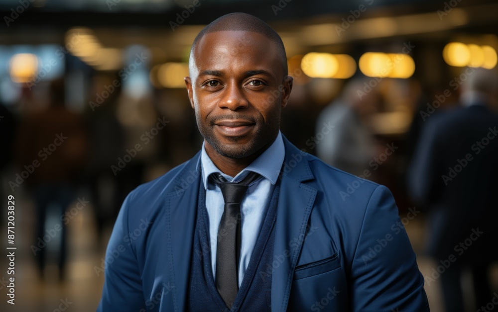 A confident middle-aged Black businessman in a blue suit looks directly at the camera with a proud expression A confident middle-aged Black businessman in a blue suit looks directly at the camera with a proud expression