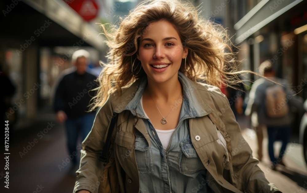 Fototapeta premium A confident, overweight woman walks down a city street, with a big smile on her face. She is wearing a brown jacket and a denim shirt