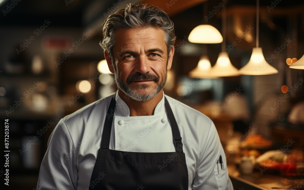 A confident, skilled male chef stands in a restaurant kitchen, wearing a white chefs jacket and a black apron A confident, skilled male chef stands in a restaurant kitchen, wearing a white chefs jacket and a black apron