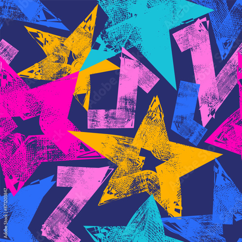 Abstract seamless chaotic pattern with urban geometric elements, scuffed, drops, stars and sprays. Grunge neon texture background. Wallpaper for teen girls. Fashion sport style
