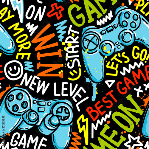 Seamless abstract pattern with joystick game and graffiti words. Bright colorful vector Print for boys.