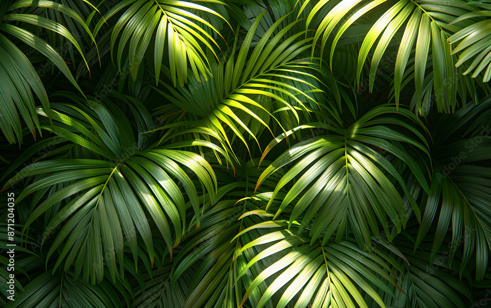 A close-up photo of lush green palm leaves in a tropical forest, with sunlight filtering through the foliage A close-up photo of lush green palm leaves in a tropical forest, with sunlight filtering through the foliage