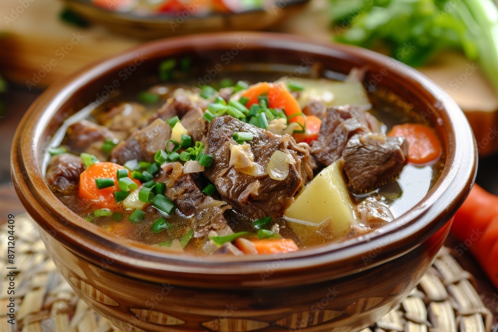 Oxtail soup is a popular Indonesian dish made with seasoned beef tail in clear broth with vegetables Oxtail soup is a popular Indonesian dish made with seasoned beef tail in clear broth with vegetables