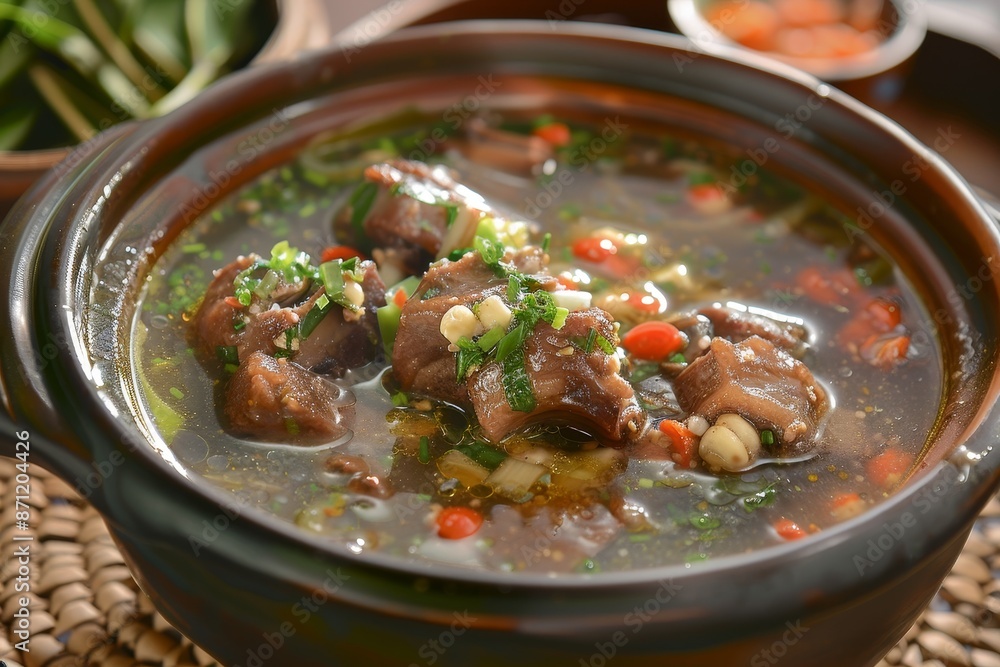 Oxtail soup is a traditional soup boiled with spices from ox tail Oxtail soup is a traditional soup boiled with spices from ox tail