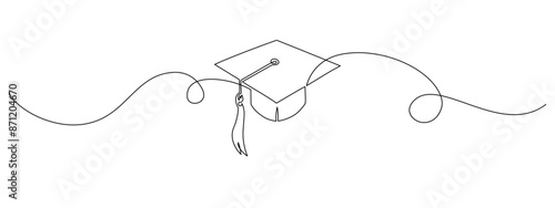 One continuous line drawing of graduation cap. Student and college hat symbol in simple linear style. Education and academic degree concept in editable stroke. Doodle vector illustration