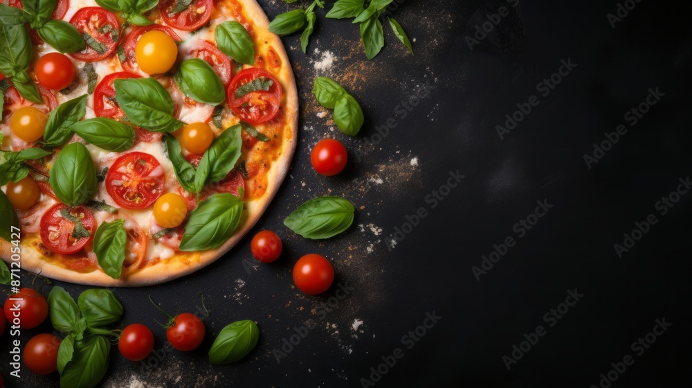 Pizza mozzarella tomatoes and basil leaf with dark background Pizza mozzarella tomatoes and basil leaf with dark background