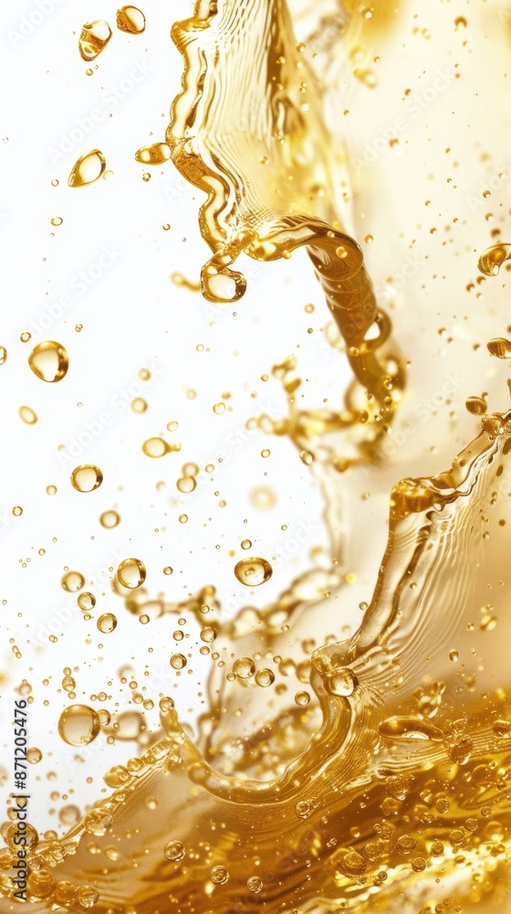 Golden liquid splash and bubbles on white background Golden liquid splash and bubbles on white background