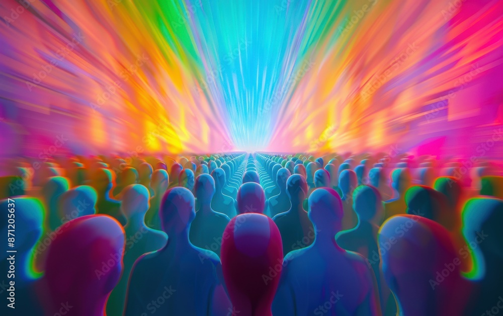 An abstract digital illustration depicting a crowd of blue and purple figures standing in rows, facing a bright, colorful light emanating from the horizon An abstract digital illustration depicting a crowd of blue and purple figures standing in rows, facing a bright, colorful light emanating from the horizon