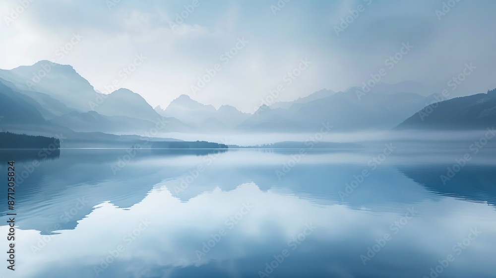 Serene Lake Reflection with Misty Mountain Background Serene Lake Reflection with Misty Mountain Background