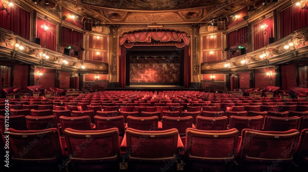 Naklejka premium Theater scene interior with balconies and seats. Classic theater stage with a red curtain
