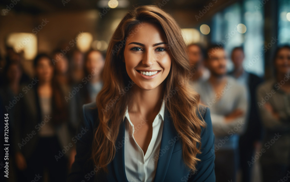 A young, successful, and good-looking female team leader stands confidently in front of her team, looking directly at the camera with a warm smile A young, successful, and good-looking female team leader stands confidently in front of her team, looking directly at the camera with a warm smile