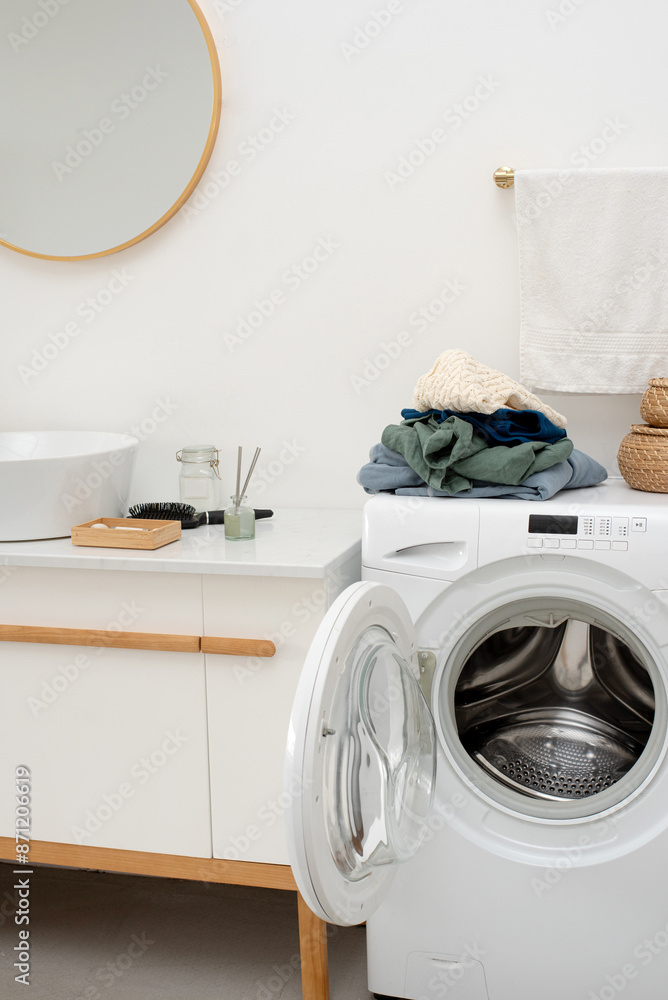 Laundry Day Scene With Washing Machine in Bathroom Laundry Day Scene With Washing Machine in Bathroom