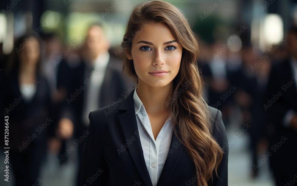 A young woman in a sharp recruitment suit confidently stands out against a blurred background of bustling office workers A young woman in a sharp recruitment suit confidently stands out against a blurred background of bustling office workers