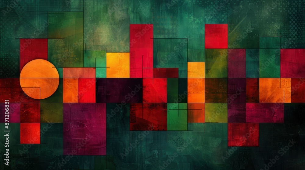 Fototapeta premium A modern and minimalistic design, layered lines in purple and green, arranged to form a cohesive composition that suggests unity and structure, The dark background