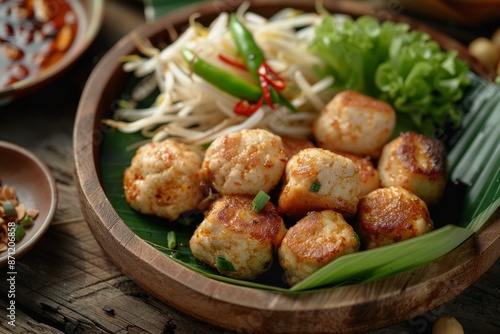 Popular Indonesian traditional food made from fish tofu and peanut sauce served on a wooden plate