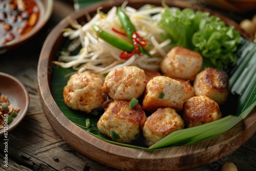 Popular Indonesian traditional food made from fish tofu and peanut sauce served on a wooden plate © VolumeThings