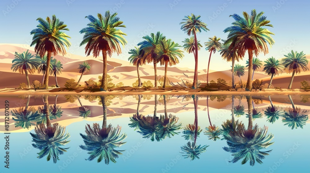 Fototapeta premium Serene Desert Oasis - Palm Trees and Tranquil Water Reflections