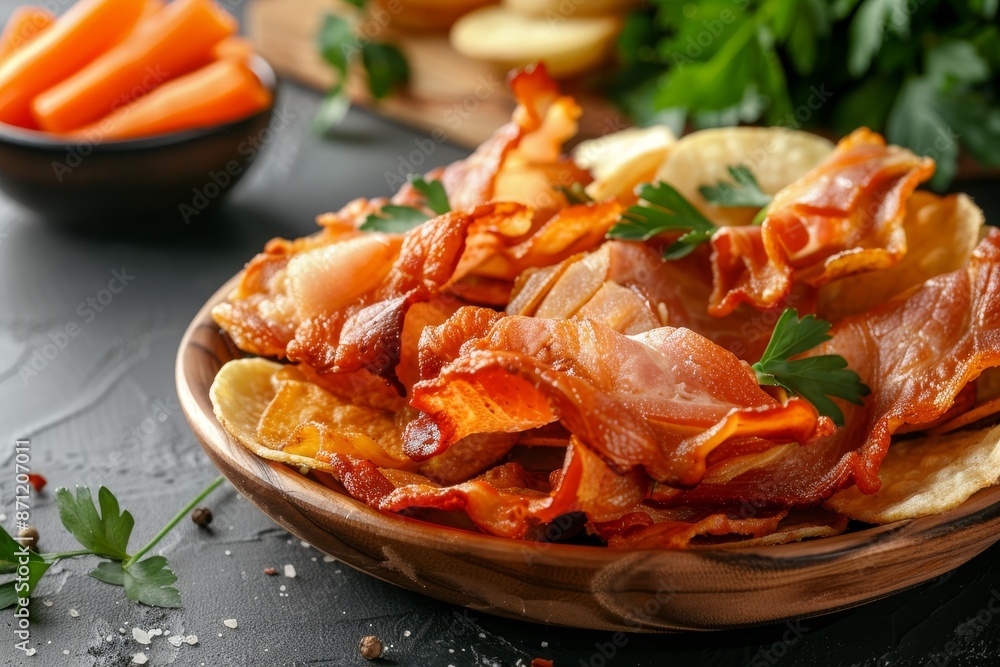 Pork ear appetizer with chips and carrots Pork ear appetizer with chips and carrots