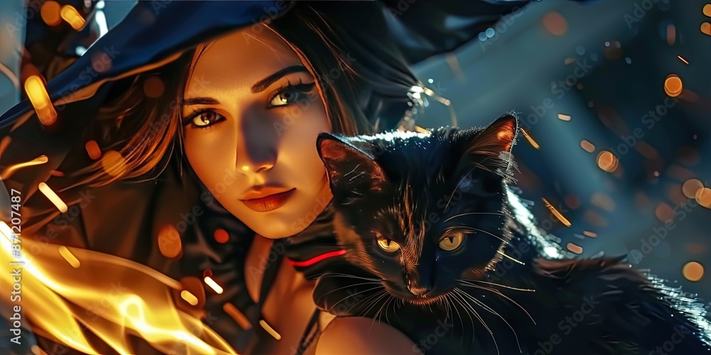 Fototapeta premium Young female witch holding her black cat