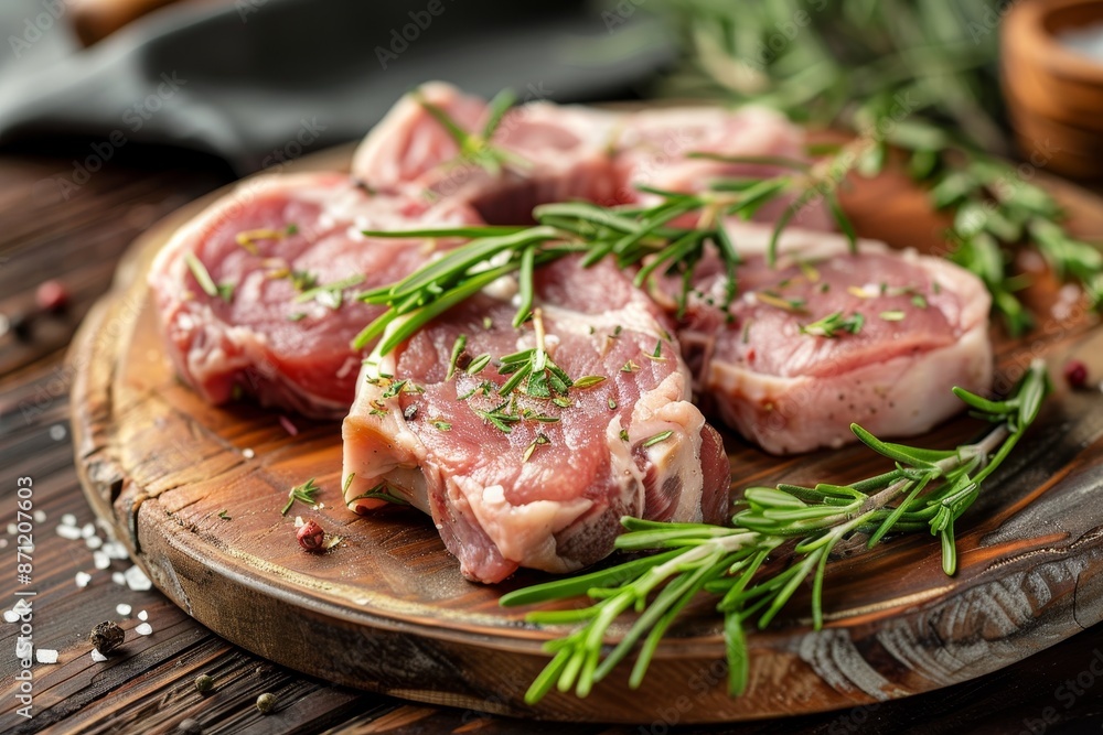 Pork meat with herbs on wooden plate concept of raw pork neck steaks Pork meat with herbs on wooden plate concept of raw pork neck steaks