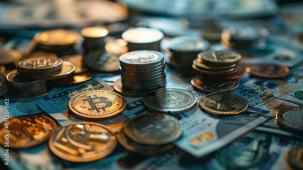 Counting Wealth: Close-up of Coins and Banknotes on Dark Background, Money Savings and Investment Concept