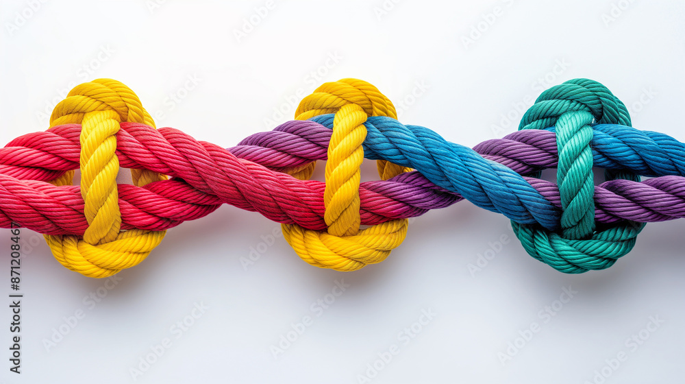 Colorful Intertwined Rope Knots on White Background - Vibrant and Strong Symbol of Unity and Connection - Perfect for Teamwork, Diversity, and Strength Themes Colorful Intertwined Rope Knots on White Background - Vibrant and Strong Symbol of Unity and Connection - Perfect for Teamwork, Diversity, and Strength Themes